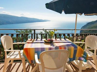 Balkon met tafel, kleurrijk tafellaken en stoelen met uitzicht op meer en bergen bij zonsondergang.
