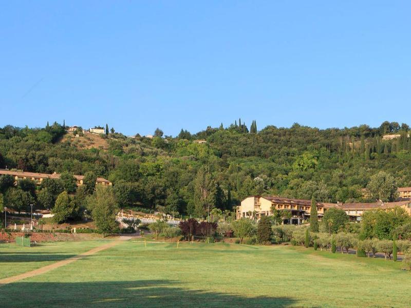 Grüne Wiesen und Bäume mit Häusern, blauer Himmel, ländliche ruhige Landschaft.