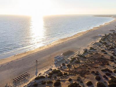 Lange Küste mit Sandstrand und Sonnenlicht, das auf das ruhige Meer scheint.