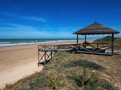 Ein Holzpavillon mit Dach am menschenleeren Sandstrand unter blauem Himmel.