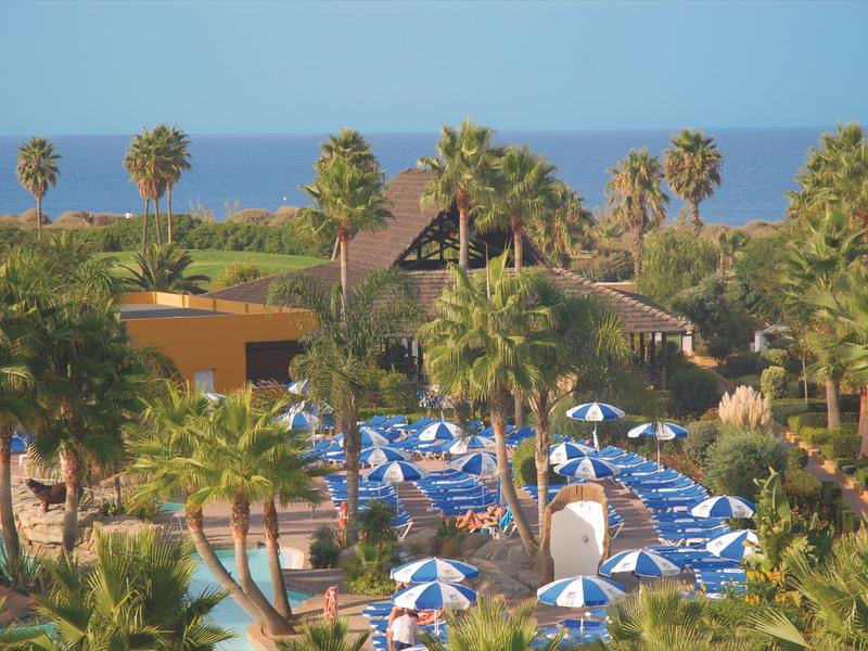 Blick auf einen Poolbereich mit blauen Sonnenschirmen, Palmen und viel Grün am Meer.