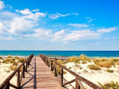 Ein hölzerner Steg führt durch Dünen zum blauen Meer unter hellem Himmel mit Wolken.