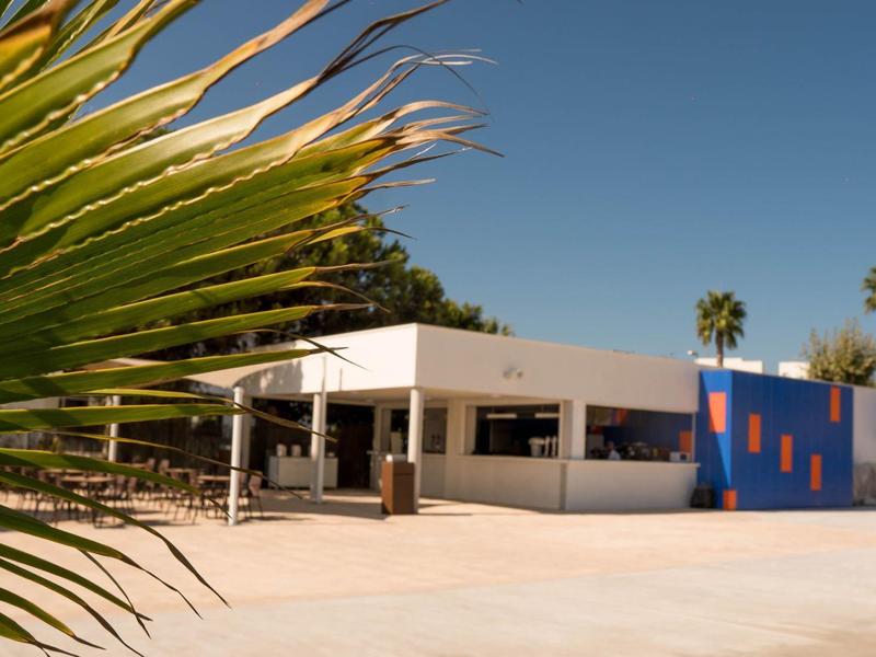 Moderne weiße Gebäude mit bunten Wänden, Palmen und grünen Palmblättern im sonnigen blauen Himmel.