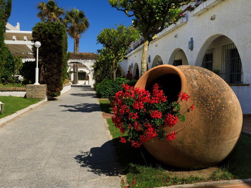 Grande anfora in terracotta con fiori davanti a un hotel bianco sotto un cielo blu.