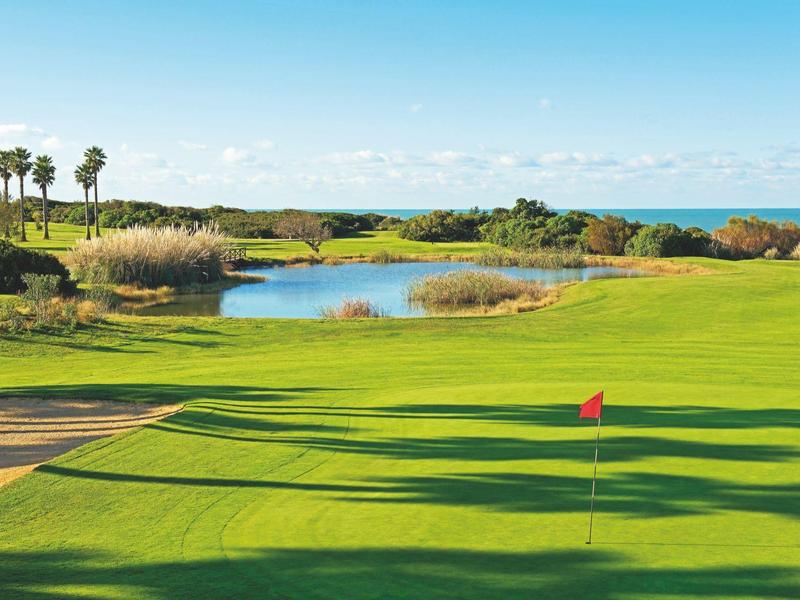 Groene golfbaan met rode vlag, waterhindernis en palmbomen onder heldere lucht