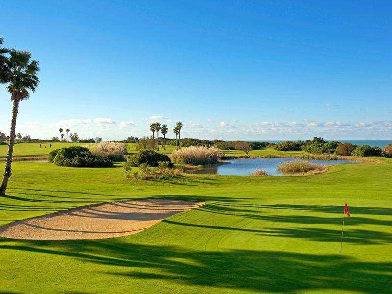 Groene golfbaan met zandbunker, palmbomen en klein meer onder een heldere blauwe lucht.