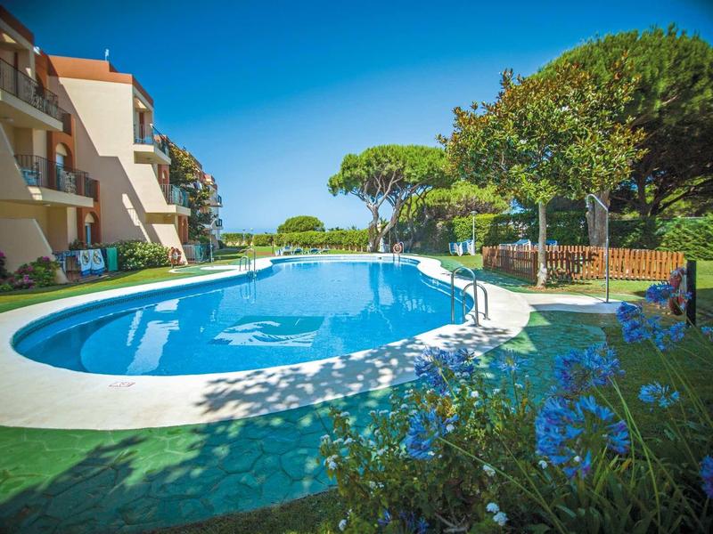 Runder Außenpool mit blauen Blumen und Sonnenlicht, umgeben von Gebäuden und Bäumen am Tag.