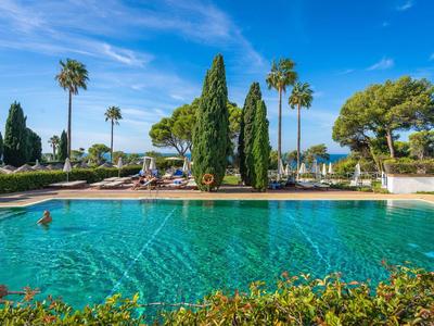 Zwembad met helder water omgeven door ligstoelen en palmbomen onder een blauwe lucht.