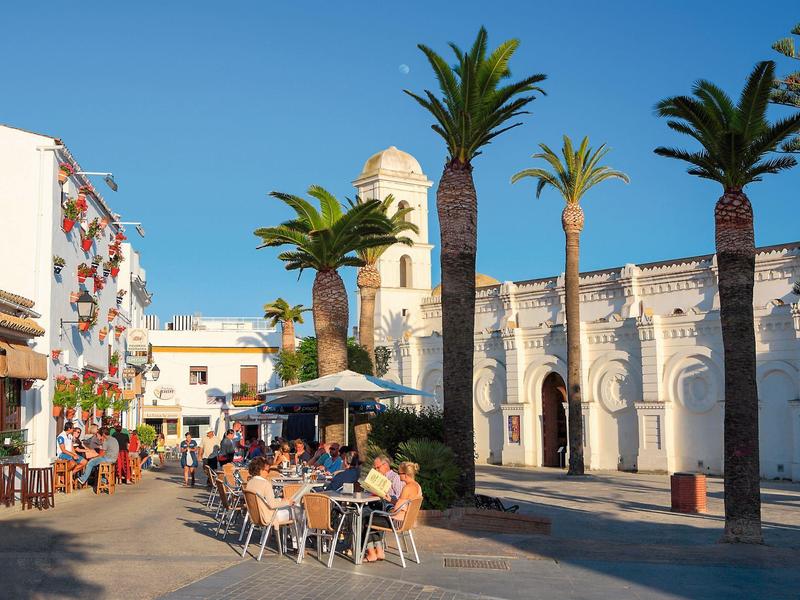 Mensen zitten buiten bij palmbomen voor wit historisch gebouw onder heldere lucht.