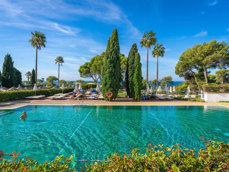 Zwembad met helder water omgeven door ligstoelen en palmbomen onder een blauwe lucht.