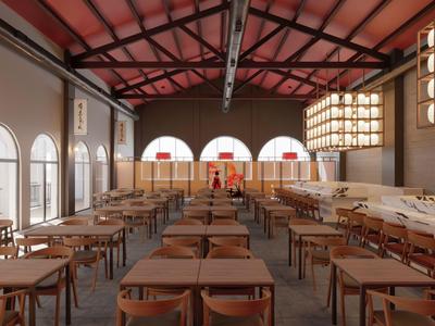 Ampia sala da pranzo con tavoli in legno e lampade bianche sotto un tetto rosso