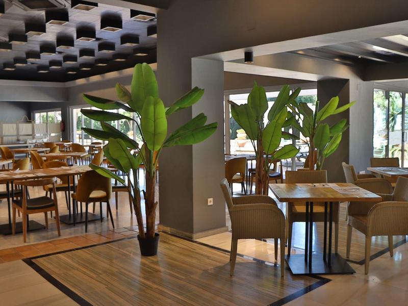 Moderne hotel eetruimte met houten tafels, stoelen en grote groene planten onder een decoratief plafond.