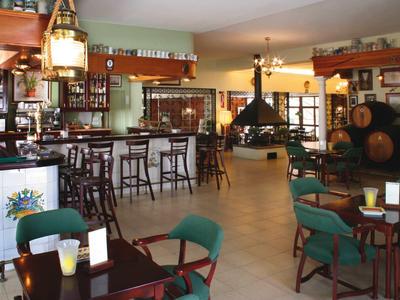 Bar accogliente dell'hotel con mobili in legno, bancone e camino in un'atmosfera calda.