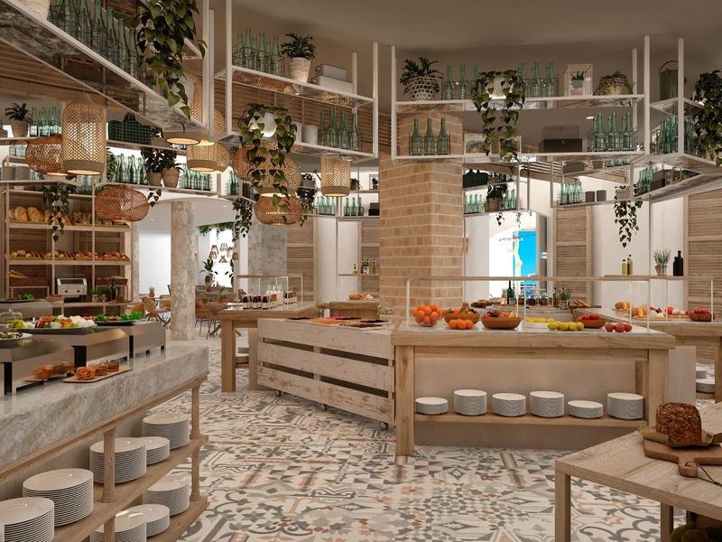 Stylový interiér kavárny s visícími rostlinami, dřevěným nábytkem a dlažbou.