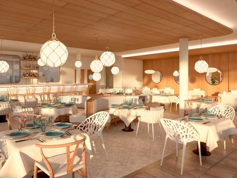 Ristorante luminoso e moderno con pannelli in legno e eleganti sedie bianche.