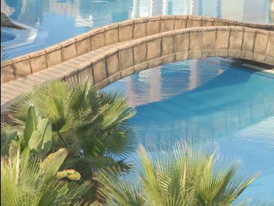 Pont sur une piscine avec des palmiers au premier plan dans une station hôtelière