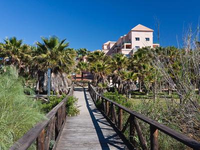 Une passerelle en bois traverse des palmiers et des buissons verts menant à un hôtel sous un ciel clair.