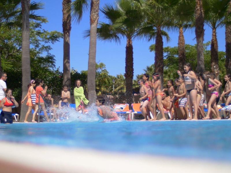 Des gens au bord de la piscine avec des palmiers en arrière-plan par temps ensoleillé.