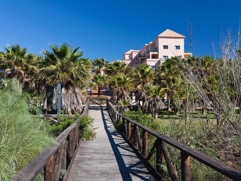 Une passerelle en bois traverse des palmiers et des buissons verts menant à un hôtel sous un ciel clair.