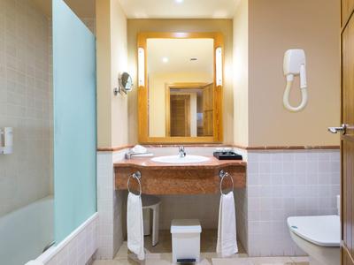 Bagno luminoso con lavabo, specchio, asciugamani, asciugacapelli e WC.