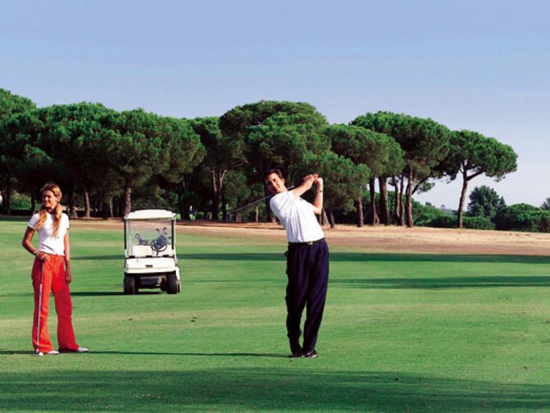 Man zwaait met golfclub op de green met vrouw en golfkarretje op de achtergrond.
