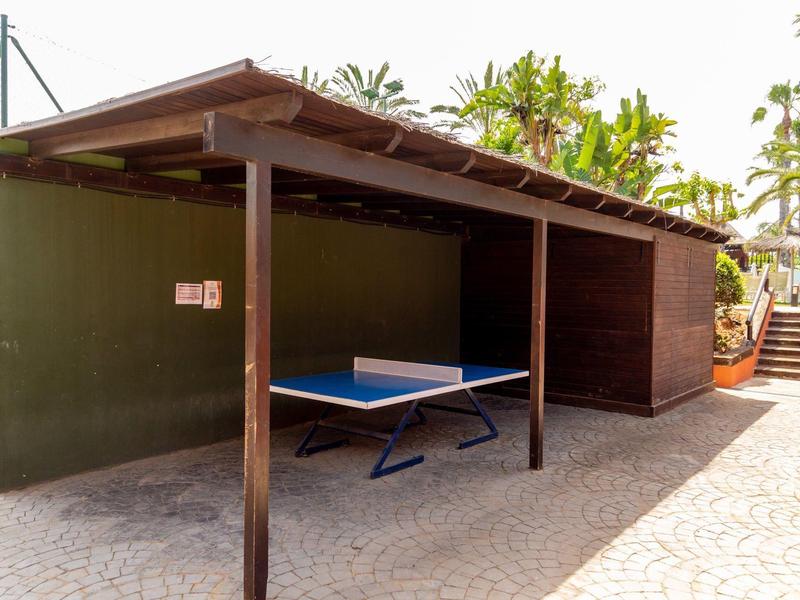 Überdachter Bereich mit Tischtennisplatte, Holzbalken und grüner Wand im Außenbereich.