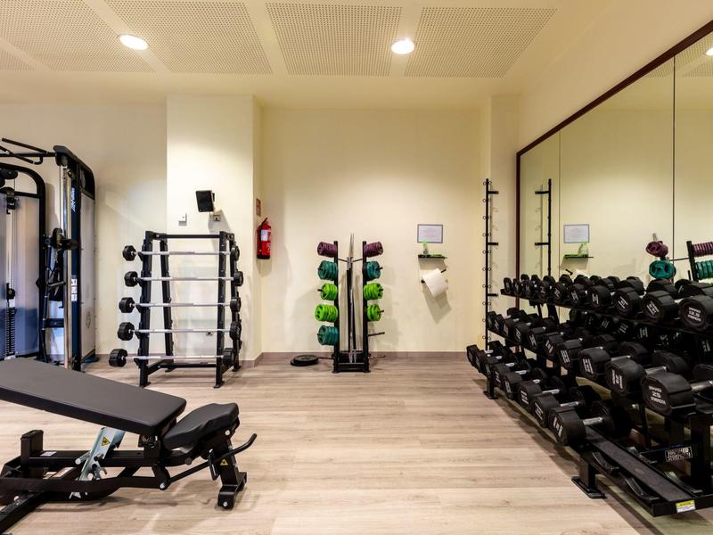 Moderner Fitnessraum mit Hanteln, Gewichten, Trainingsbank und Miethantelständer auf Holzfußboden.