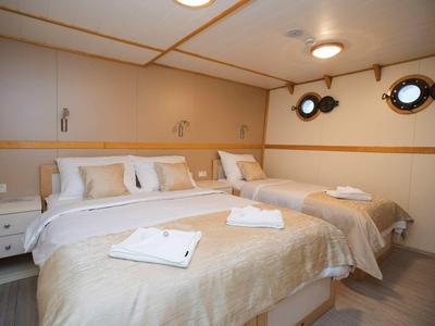 Camera accogliente con due letti singoli, biancheria bianca e oblò rotondi.