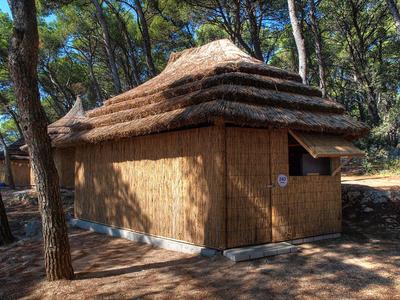 Holzhaus mit Strohdach umgeben von Bäumen in einem Waldgebiet.