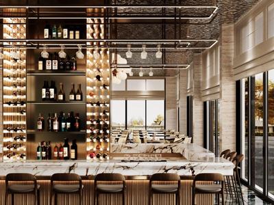 Modern restaurant with a bar, leather stools, and large windows overlooking the outside.