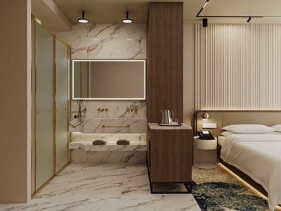 Modern hotel room with marble bathroom, large shower, and elegant wooden cabinet between sleeping and bathing areas.