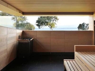 Pokój sauny z drewnianymi ławkami i widokiem na drzewa i morze