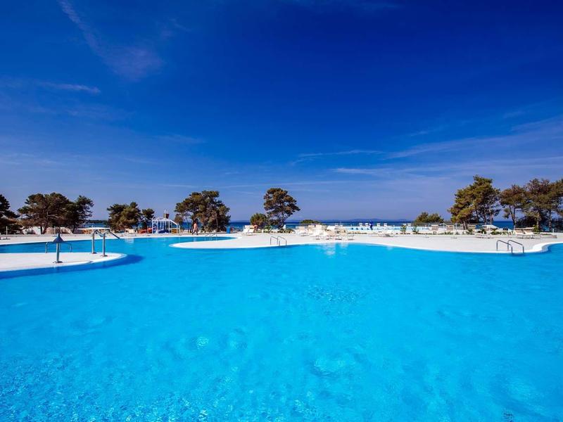 Large blue outdoor pool with umbrellas and trees under clear sky
