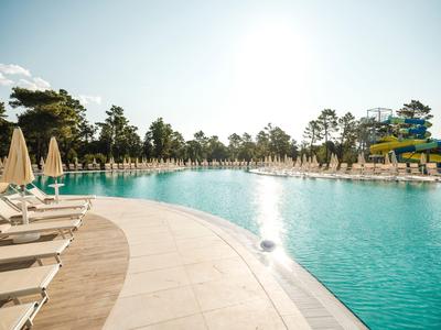 Grande piscina all'aperto con lettini e ombrelloni davanti agli alberi sotto un cielo sereno.