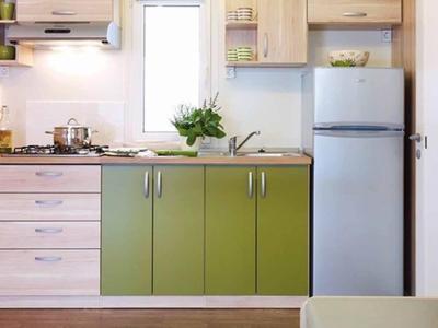 Kleine moderne keuken met groene onderkasten, witte koelkast en open planken.