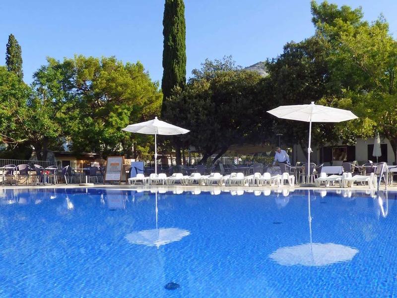 Large outdoor pool with sun loungers and umbrellas in a green setting.