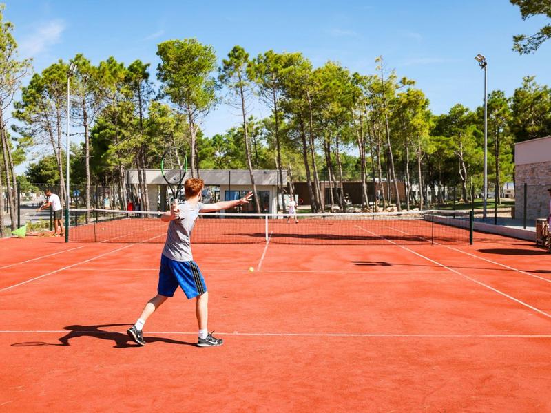 Personne jouant au tennis sur un terrain en terre battue rouge entouré d'arbres sous un ciel dégagé.
