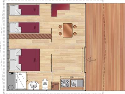 Plano de un apartamento de vacaciones con sala, cocina, dos dormitorios y baño.