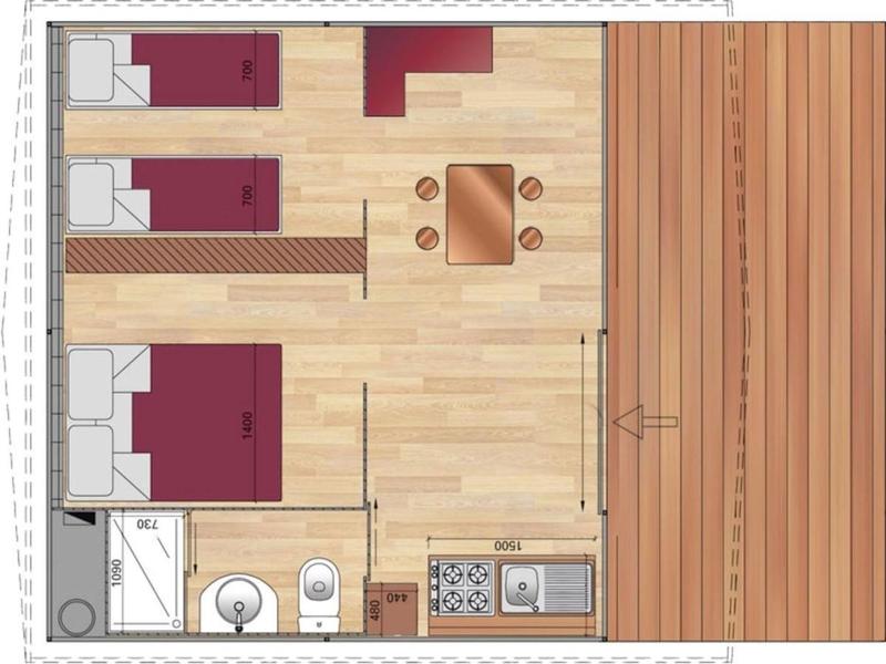 Plan małego mieszkania z częścią sypialną i kuchnią, łazienką i dużym drewnianym tarasem.