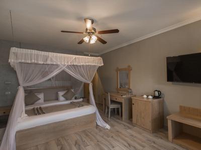 Schlafzimmer mit Himmelbett, Ventilator, Holzmöbeln und Flachbildfernseher an grauer Wand.