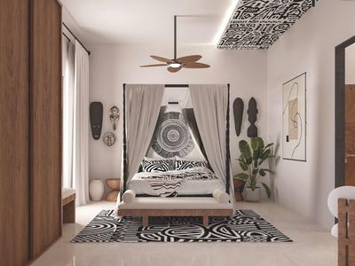 Modernes Schlafzimmer mit Holzmöbeln, schwarz-weißem Muster, Deckenventilator und Pflanzen.