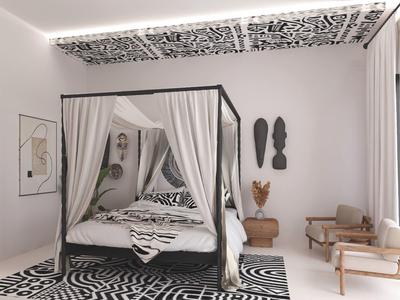 Elegantes Schlafzimmer mit Himmelbett, monochromem Teppich, Kunst an der Wand, hell und luftig gestaltet.
