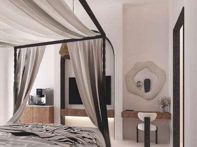 Helles Schlafzimmer mit Himmelbett, Holzkommode, rundem Spiegel und Stuhl in neutralen Farben.