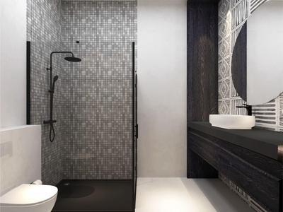 Moderne Dusche mit schwarzer Glasabtrennung, weißer Toilette, Waschbecken und gemusterten Fliesen.