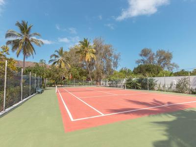 Tennisplatz mit rotem Spielfeld, grünem Rand, Palmen und blauem Himmel im Hintergrund.