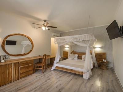 Hell eingerichtetes Schlafzimmer mit Himmelbett, Holzmöbeln, Deckenventilator und Wand-TV.