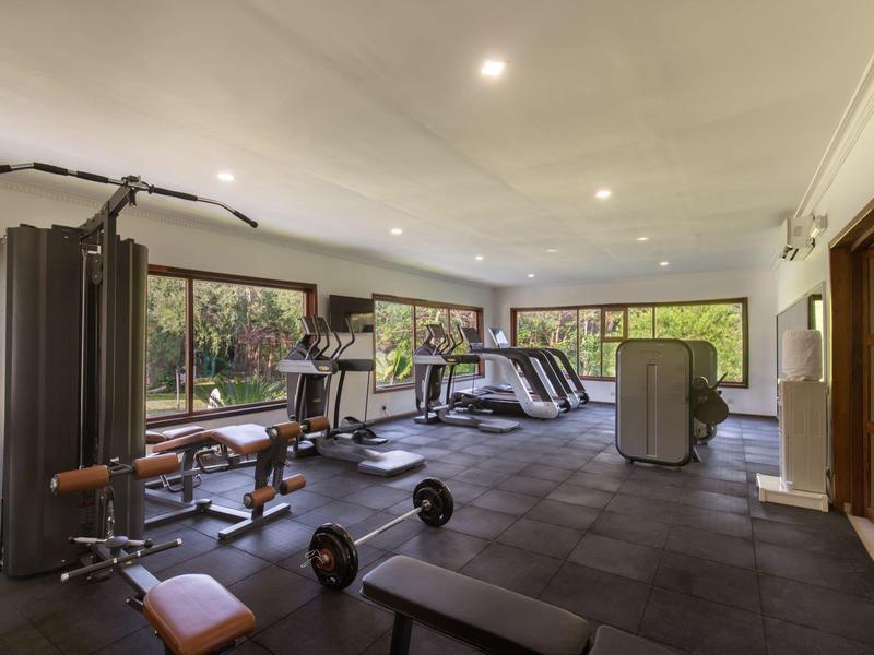 Moderner Fitnessraum mit Geräten, großen Fenstern und Blick ins Grüne.