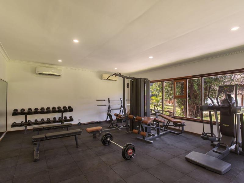 Fitnessraum mit Gewichten, Hanteln und Geräten, große Fenster mit Blick ins Grüne