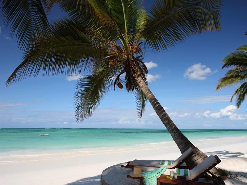 Liegestühle unter einer Palme am weißen Sandstrand mit türkisfarbenem Meer und blauem Himmel.