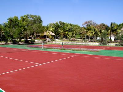 Rotes Tennisplatzfeld mit grünem Rand und Netz, umgeben von Bäumen und blauem Himmel.
